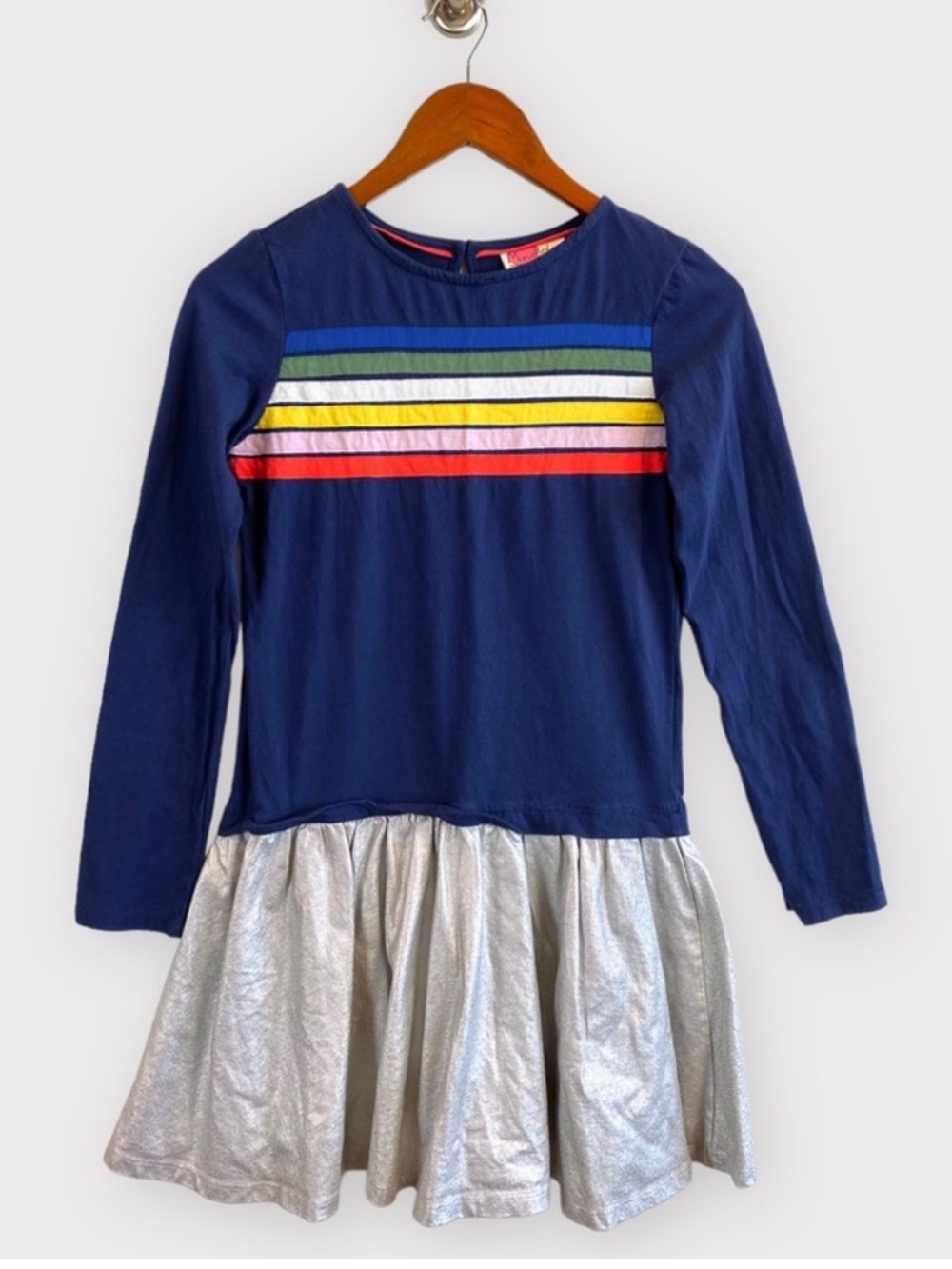 Mini Boden Navy Dress with Silver Skirt and Rainbow Chest Stripes